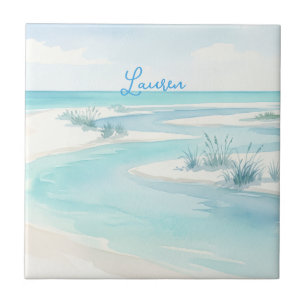 pastel blue watercolor beach waves name editable c ceramic tile