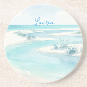 pastel blue watercolor beach waves name editable c coaster