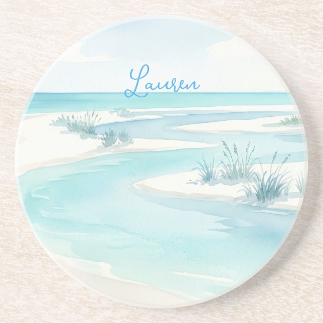 pastel blue watercolor beach waves name editable c coaster (Front)