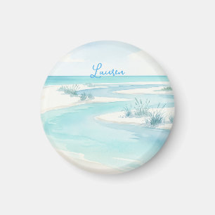 pastel blue watercolor beach waves name editable c magnet
