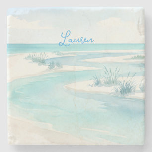 pastel blue watercolor beach waves name editable c stone coaster