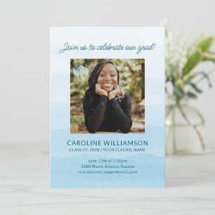 Pastel Blue Watercolor Chic Photo Graduation Party Invitation