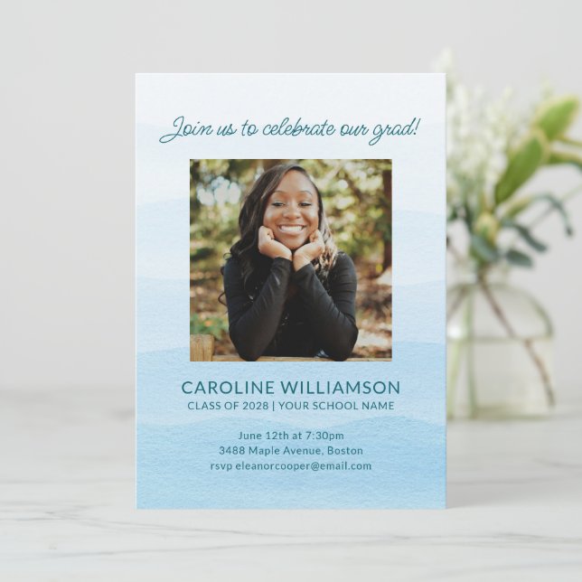 Pastel Blue Watercolor Chic Photo Graduation Party Invitation (Standing Front)
