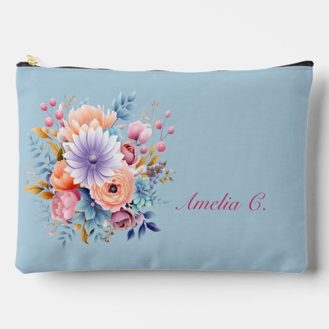 Pastel Blue Watercolor Floral Cosmetic Bag (Front)