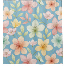 "Pastel Blue Watercolor Floral Shower Curtain"