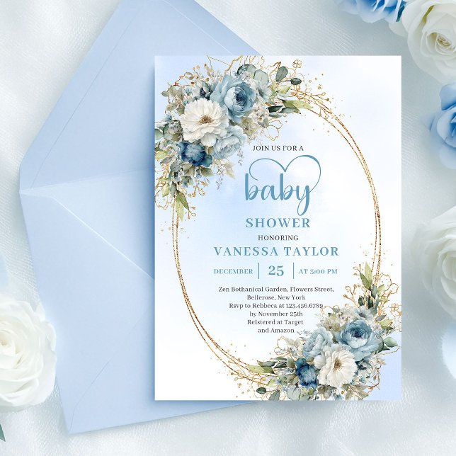 Pastel Blue Watercolor Flowers Gold Baby Shower  Invitation (Pastel Blue Watercolor Flowers Gold Baby Shower Invite

)