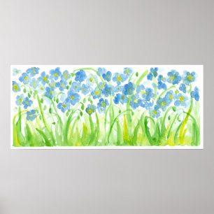 Pastel Blue Watercolor Flowers Painting Poster