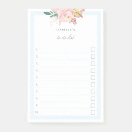 Pastel Blue Watercolor Peonies Checkbox To Do List Post-it Notes