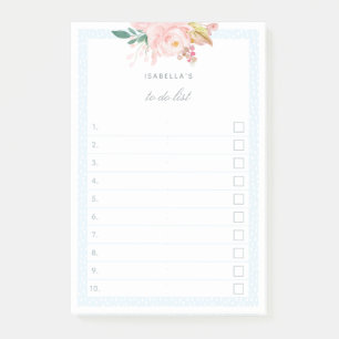 Pastel Blue Watercolor Peonies Checkbox To Do List Post-it Notes