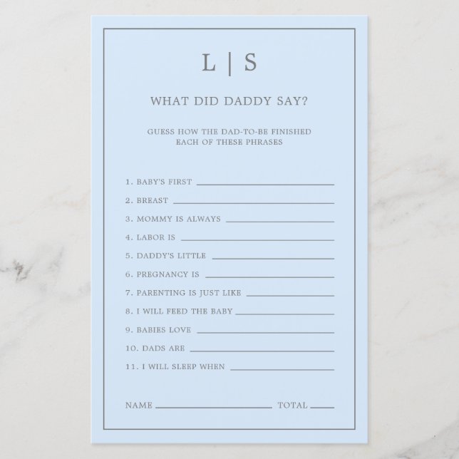 Pastel Blue What Did Daddy Say Baby Shower Game (Front)
