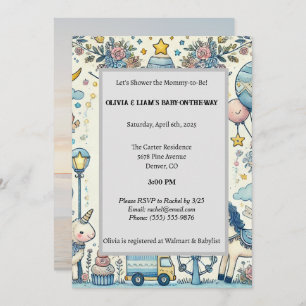 Pastel Blue Whimsical Baby Shower Invitation