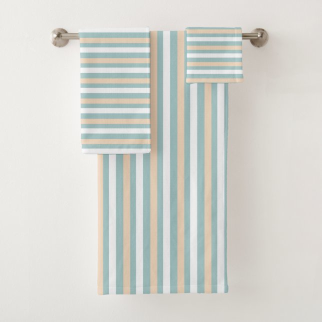 Pastel blue, white and blush stripes bath towel set (Insitu)