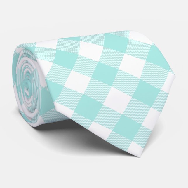 Pastel Blue White Buffalo Plaid Pattern Tie (Rolled)