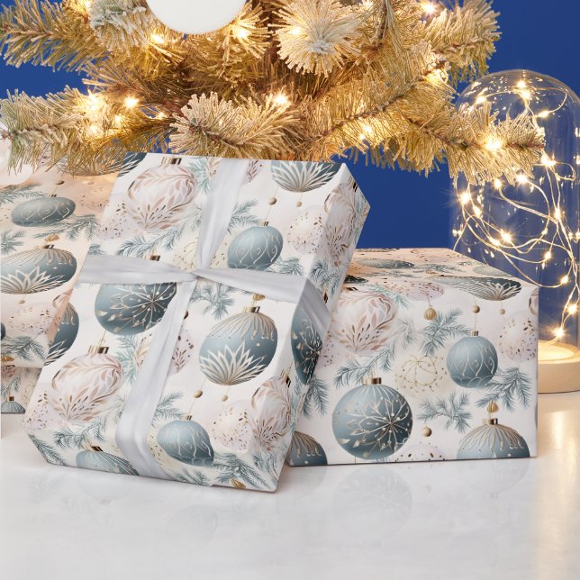 Pastel Blue & White Christmas Tree Decorations Wrapping Paper (Holidays)