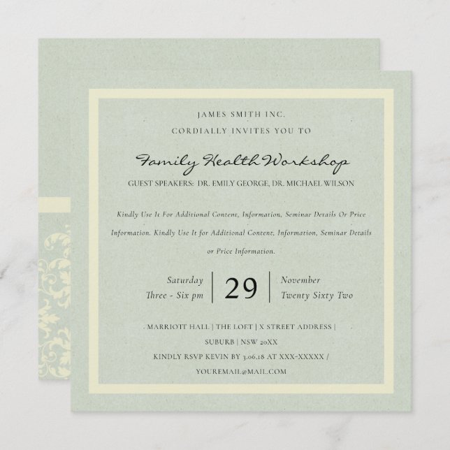 PASTEL BLUE WHITE DAMASK CLASSIC WORKSHOP EVENT INVITATION (Front/Back)