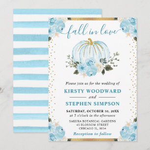 Pastel Blue & White Floral Pumpkins Fall Wedding Invitation