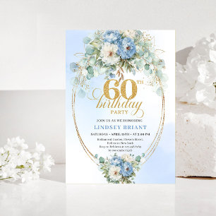 Pastel blue white peony floral gold 60th birthday  invitation