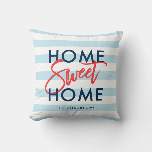 Pastel Blue White Stripes Home Sweet Home Cushion (Front)