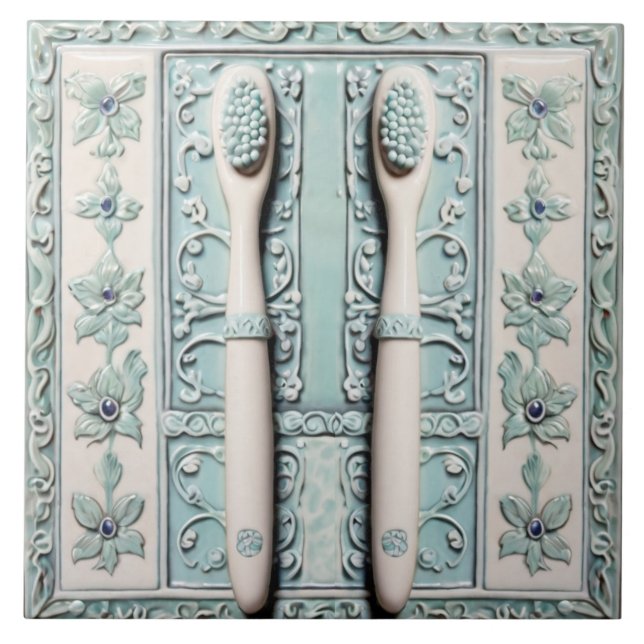 Pastel Blue White Toothbrush Fun Dentist Bathroom Ceramic Tile (Front)
