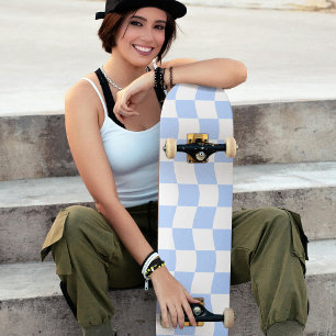 Pastel Blue White Wavy Chequerboard Pattern Skateboard