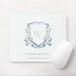 Pastel Blue Wildflower Watercolor Crest Monogram Mouse Pad