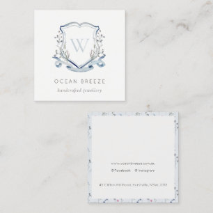 Pastel Blue Wildflower Watercolor Crest Monogram Square Business Card