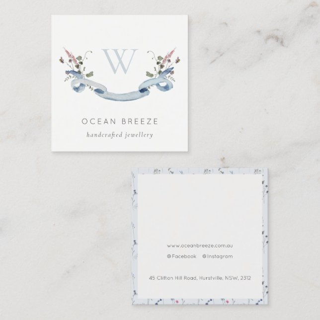 Pastel Blue Wildflower Watercolor Ribbon Monogram Square Business Card (Front/Back)
