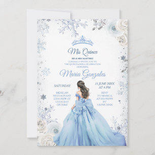 Pastel Blue Winter Snow Floral Princess Mis Quince Invitation