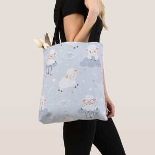 PASTEL BLUE WITH CUTE BABY LAMBS ON CLOUDS TOTE BAG