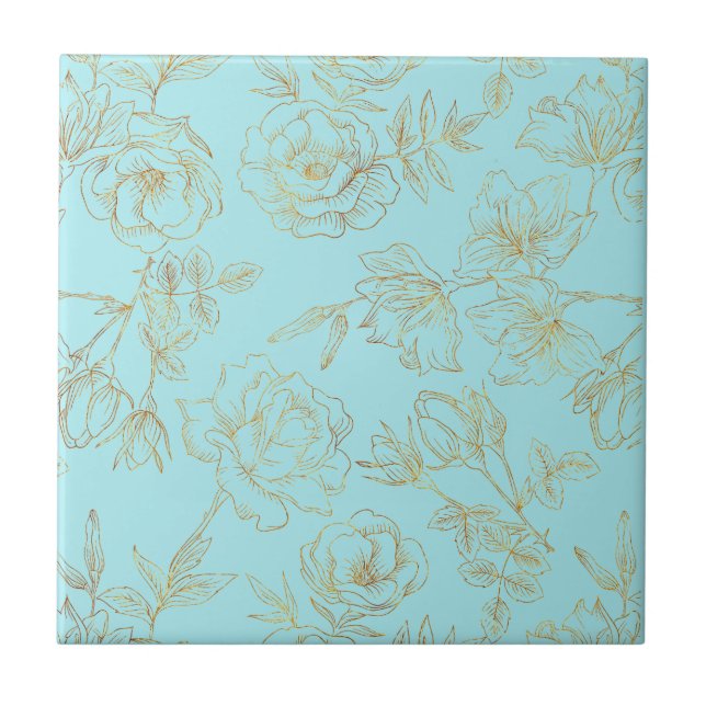 Pastel Blue with Gold Rose Outlines Ceramic Tile (Front)