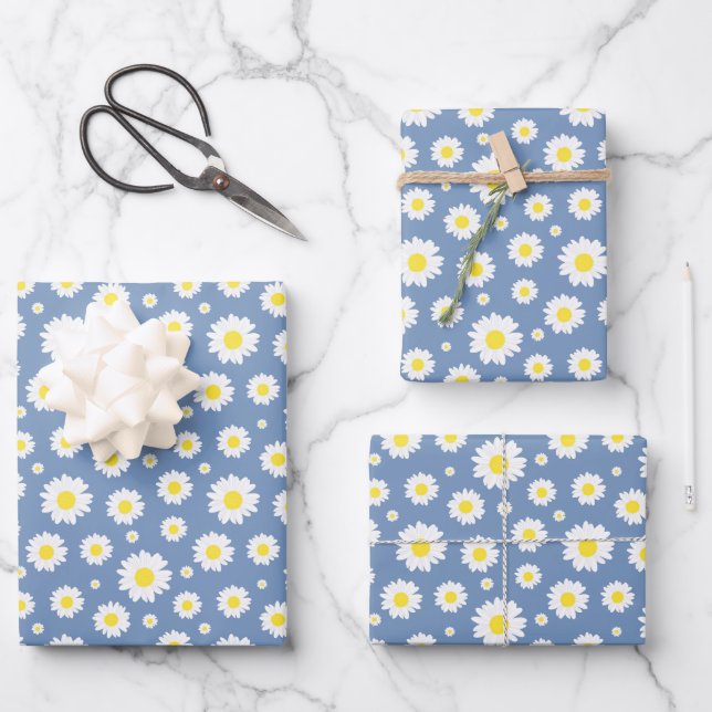 Pastel Blue with Yellow White Daisy Flower Pattern Wrapping Paper Sheet (Front)