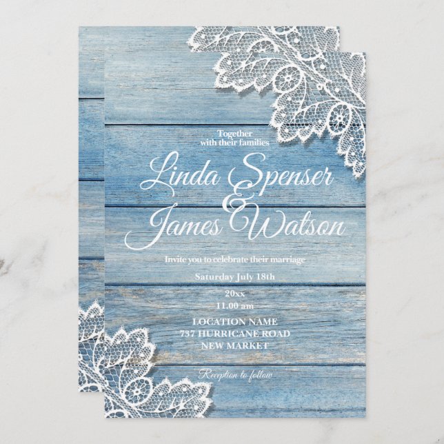 Pastel Blue Wood and White Lace  Wedding Invitation (Front/Back)
