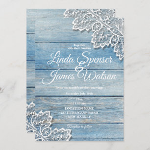 Pastel Blue Wood and White Lace  Wedding Invitation