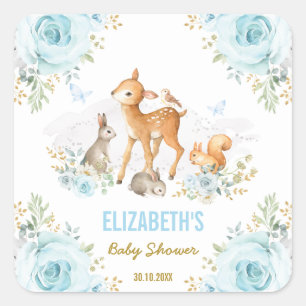 Pastel Blue Woodland Animals Baby Shower Favors Square Sticker