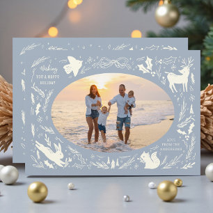 Pastel Blue Woodland Happy Holidays Family Photo Holiday Card