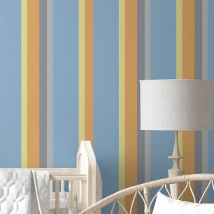 Pastel Blue Yellow Grey Vertical Stripes Wallpaper