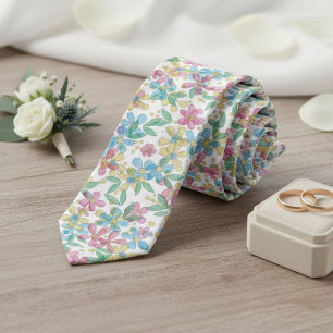Pastel Blue Yellow Hot Pink Summer Floral Pattern Tie