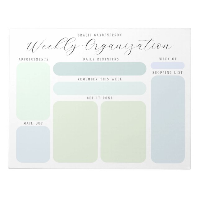 Pastel Blues and Greens Custom Weekly Organisation Notepad (Front)