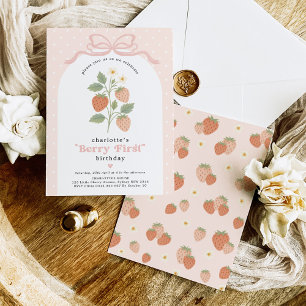 Pastel Blush Berry First Strawberry Birthday Invitation