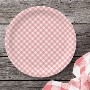 Pastel Blush Coral Gingham Paper Plate