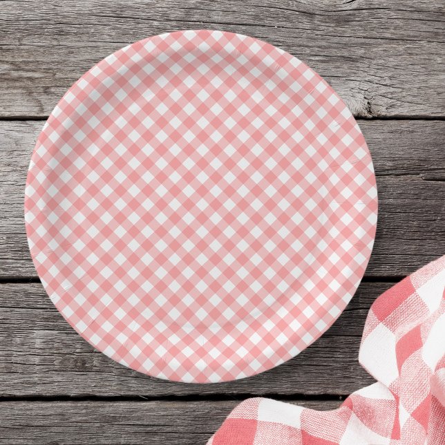 Pastel Blush Coral Gingham Paper Plate (Creator Uploaded)