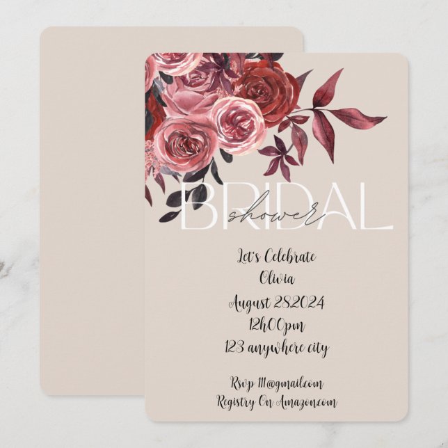 PASTEL BLUSH FLORAL BURGUNDY BRIDAL SHOWER  INVITATION (Front/Back)