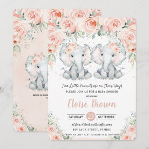 Pastel Blush Floral Elephant Twins Baby Shower Invitation