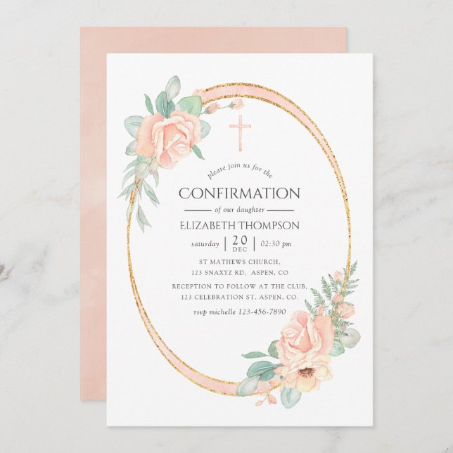 Pastel Blush Floral Geometric Confirmation Invitation (Front/Back)