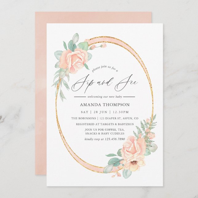 Pastel Blush Floral Geometric Sip and See Invitation (Front/Back)