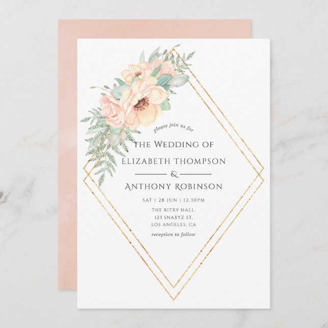 Pastel Blush Floral Geometric Wedding Invitation (Front/Back)