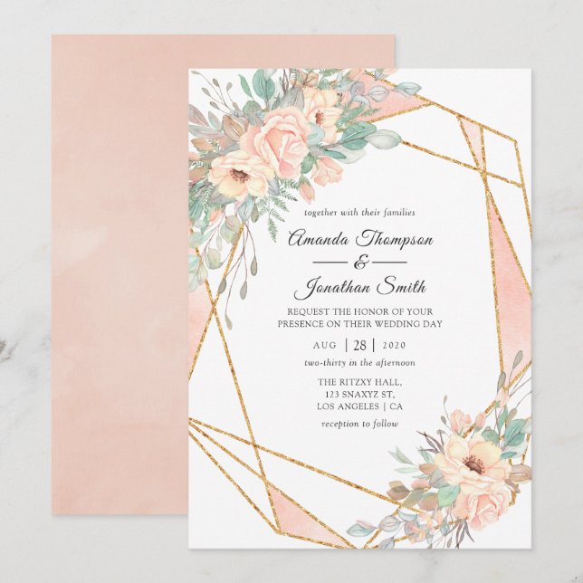 Pastel Blush Floral Geometric Wedding Invitation (Front/Back)