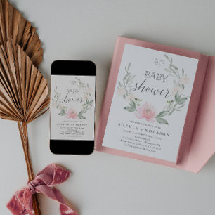 Pastel Blush Floral Greenery Baby Shower Invitation