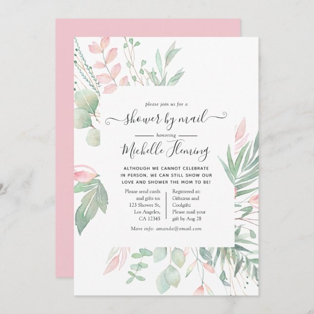 Pastel Blush Greenery Baby Shower by Mail Invitation (Front/Back)