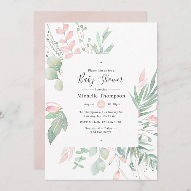 Pastel Blush Greenery Baby Shower Invitation (Front/Back)